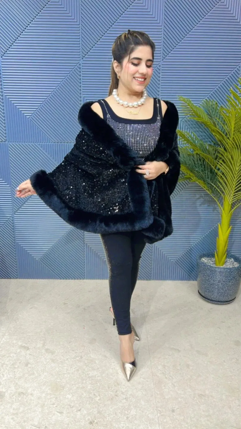Premium Sequence Poncho with Heavy Furr GGR648
