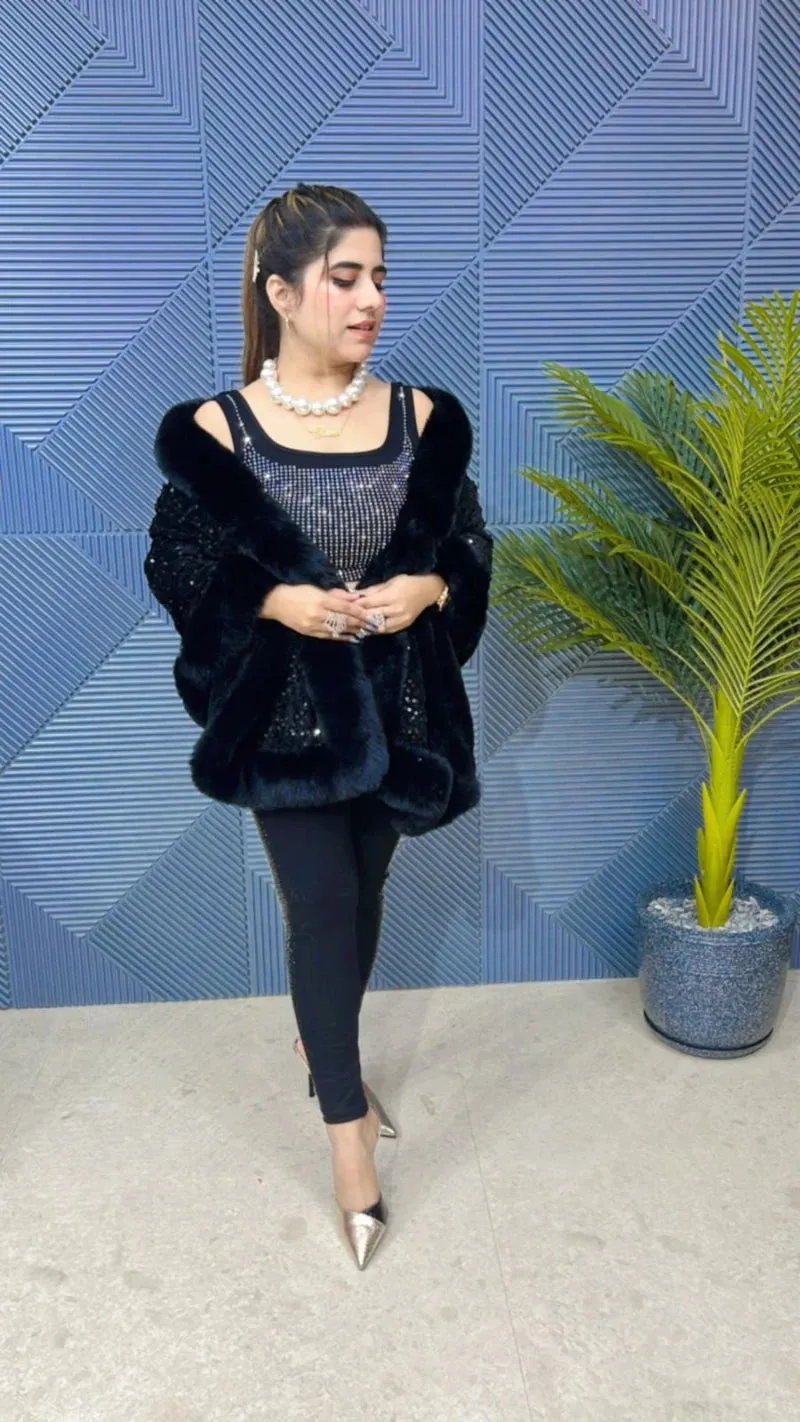 Premium Sequence Poncho with Heavy Furr GGR648