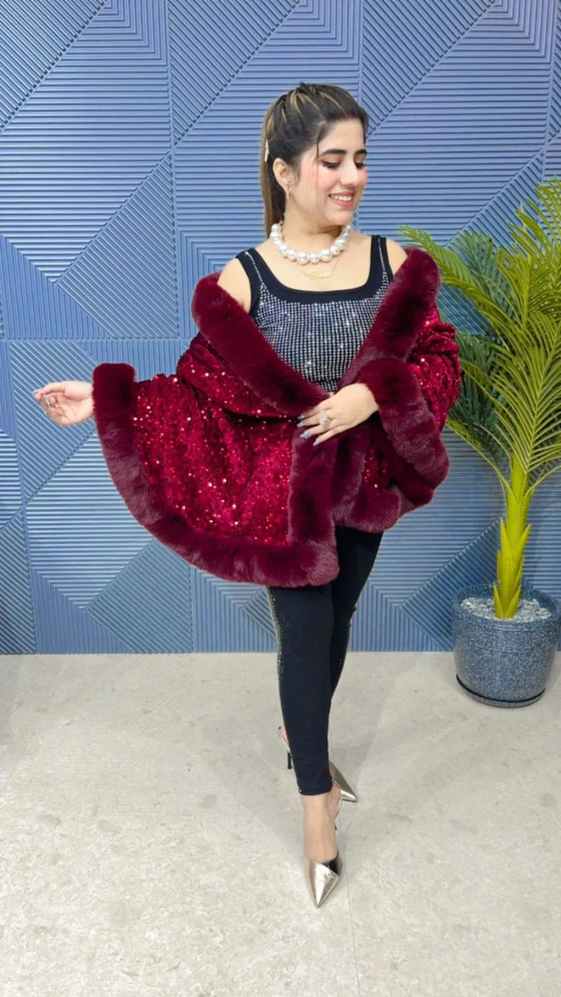 Premium Sequence Poncho with Heavy Furr GGR648