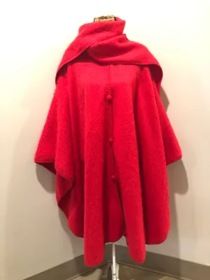 Red Alpaca Wool Cape with Attached Scarf