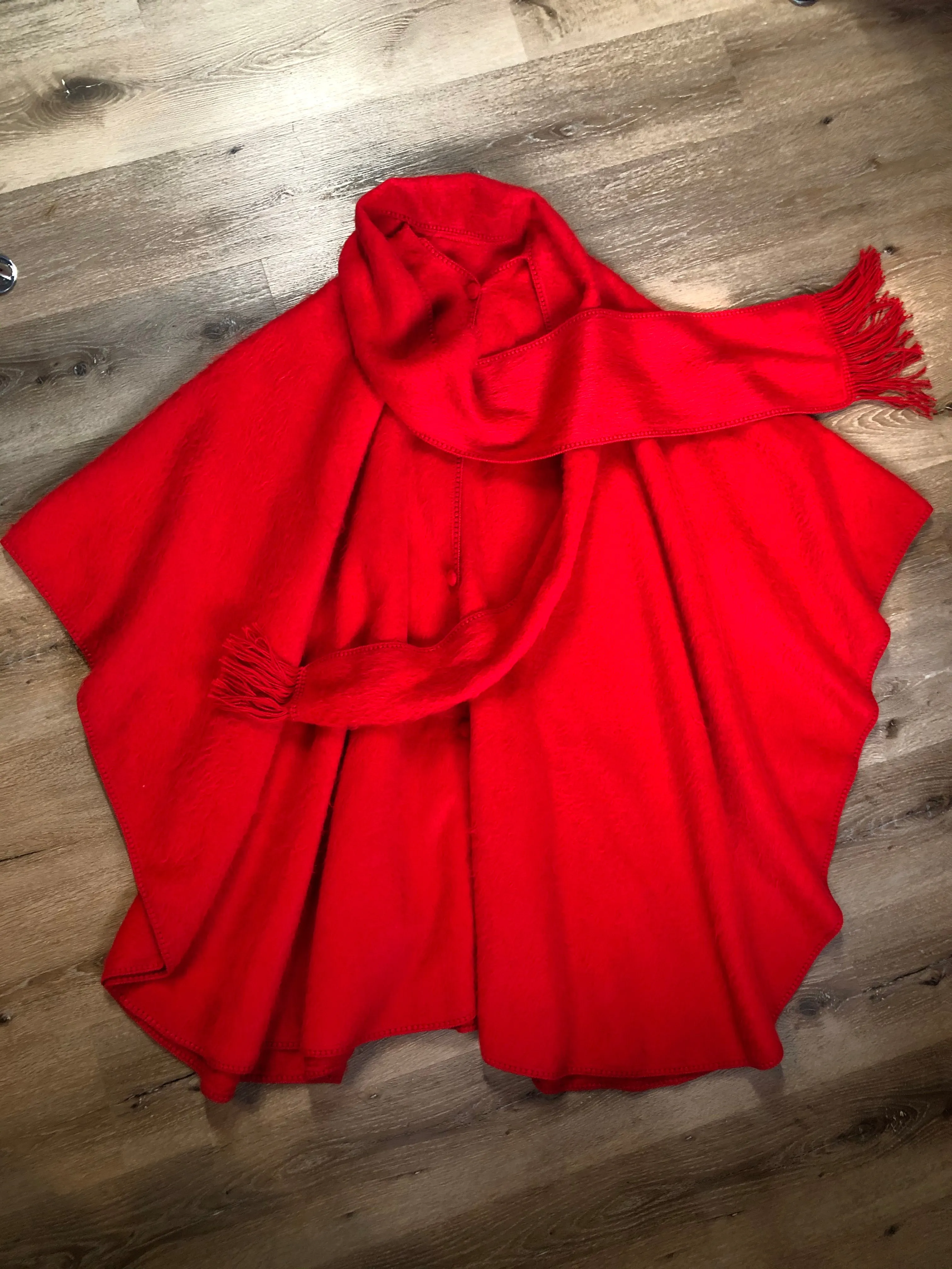Red Alpaca Wool Cape with Attached Scarf