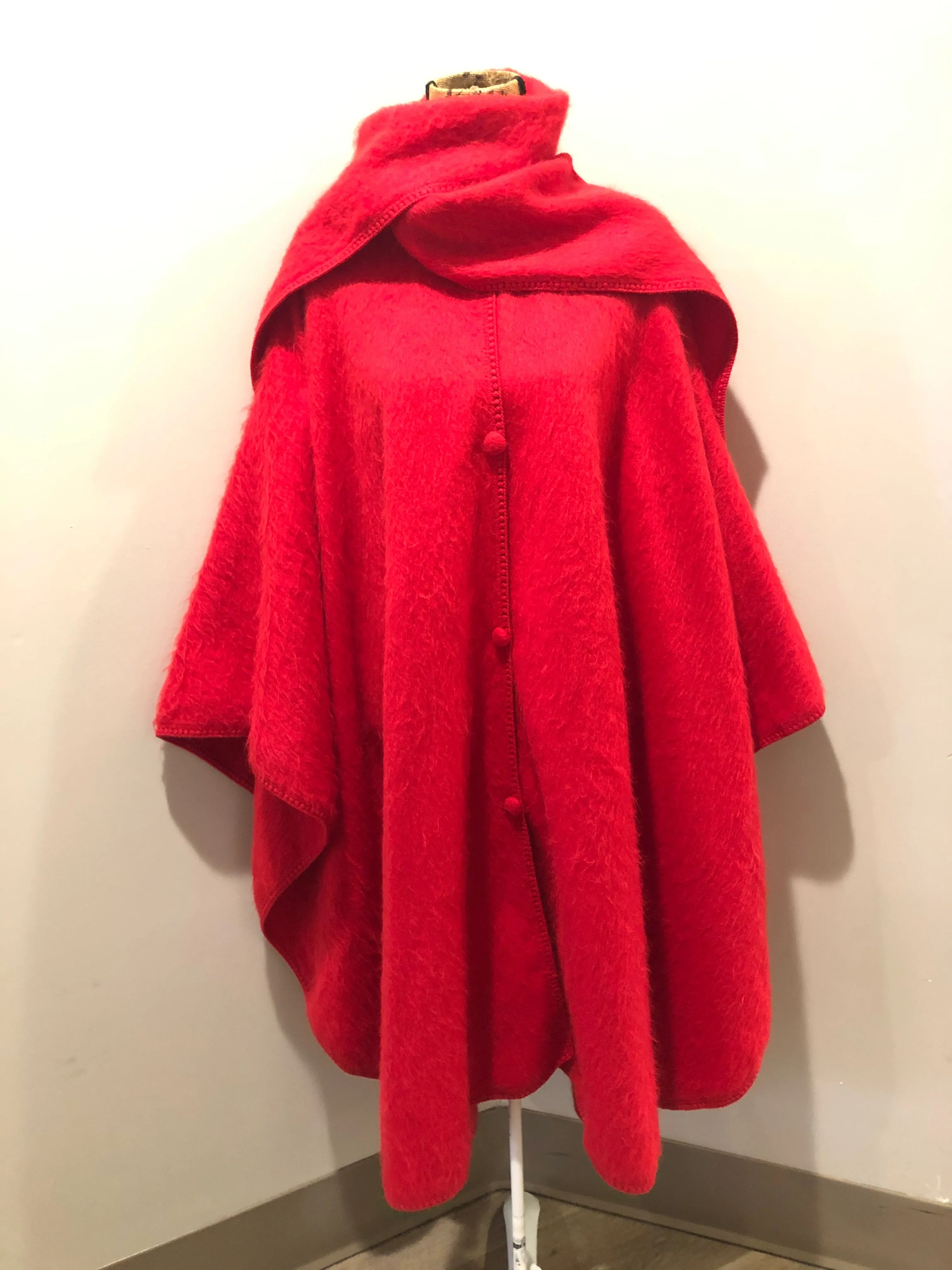 Red Alpaca Wool Cape with Attached Scarf