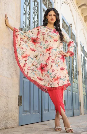 Red-Cream Muslin Printed Poncho & Dhoti Set