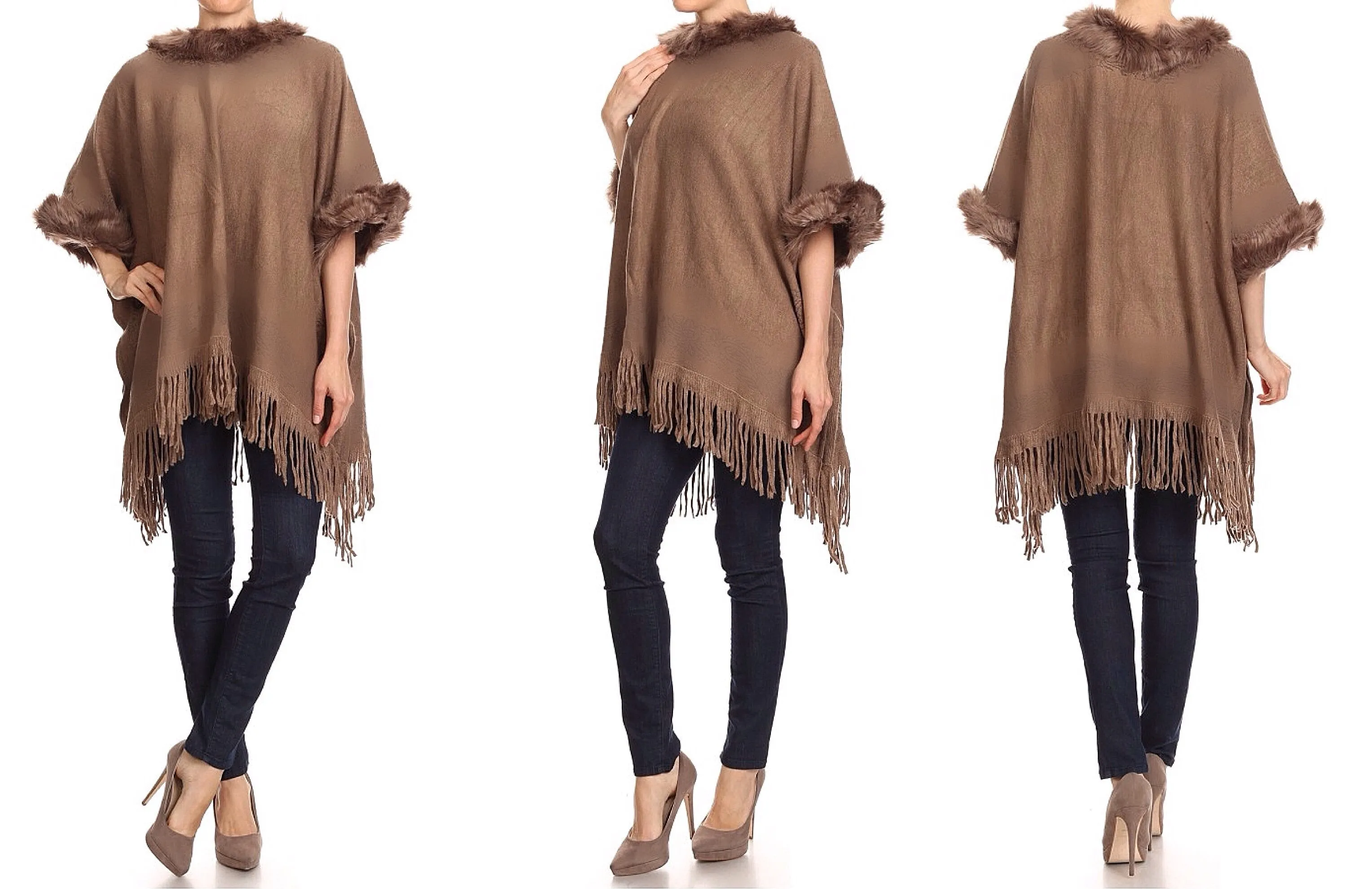 Relaxed Fit Knit Sweater Poncho with Fur