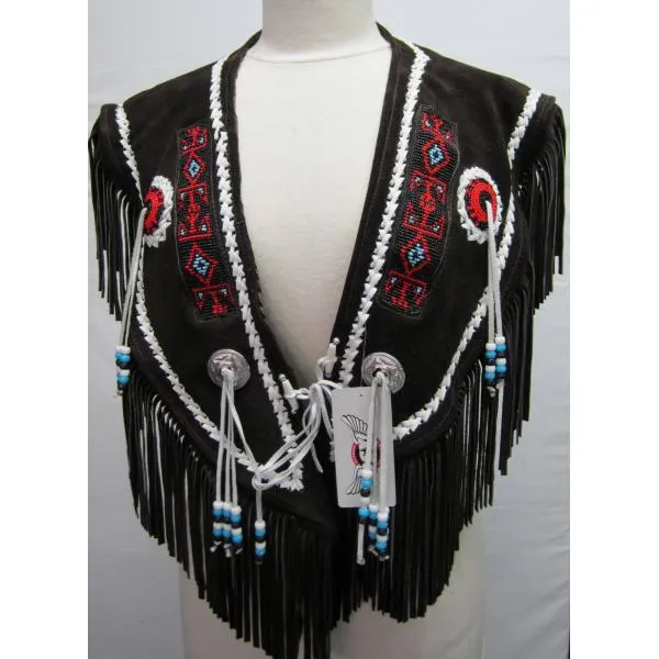 SHAWNEE SUDE PONCHO TOP Indian Western Fringe Beaded Leather ER223