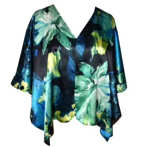Shimmery Blue Floral Print Silk Charmeuse Poncho
