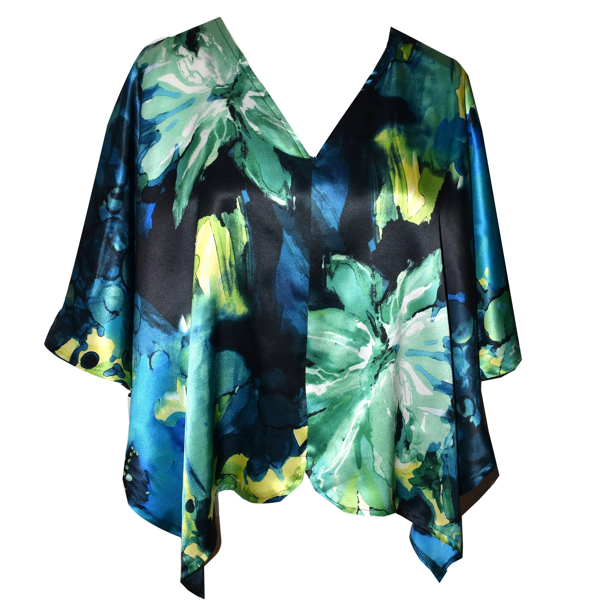 Shimmery Blue Floral Print Silk Charmeuse Poncho