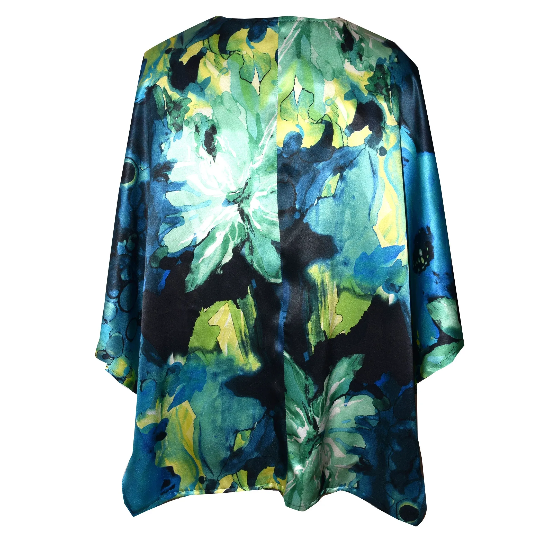 Shimmery Blue Floral Print Silk Charmeuse Poncho