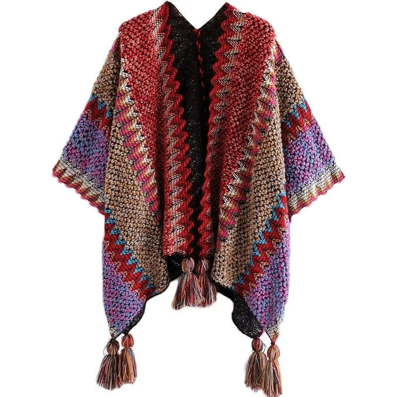 Soft Knitted Stripe Tassel Poncho