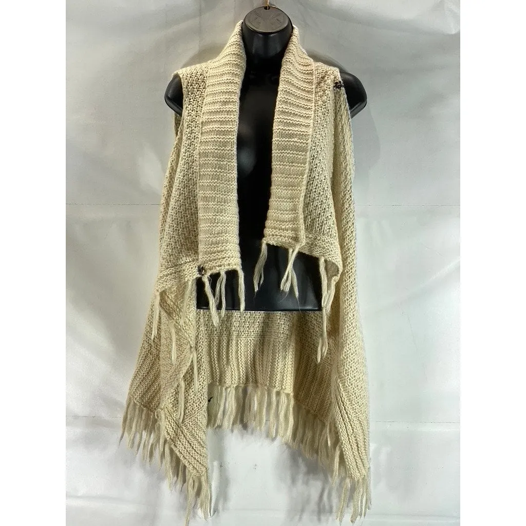 UNBRANDED Women's Tan Crochet Snap-Button Tassel Fringe Poncho/Shawl SZ OS