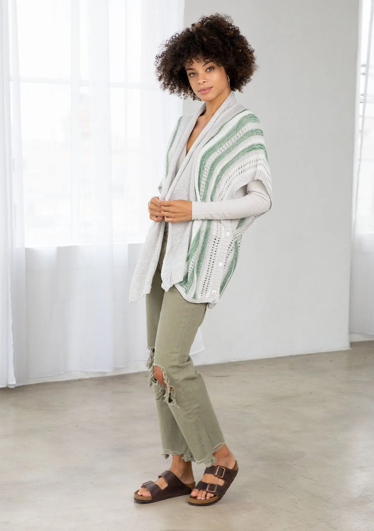 Vertical Striped Open Knit Throw Over