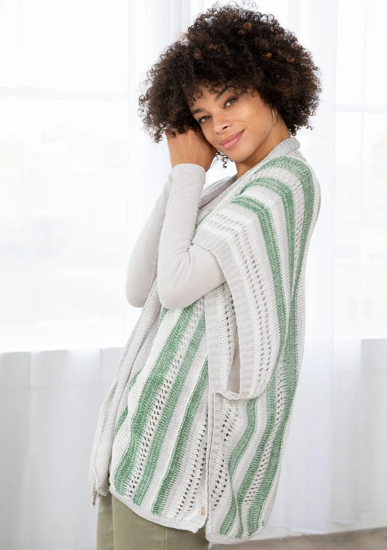 Vertical Striped Open Knit Throw Over