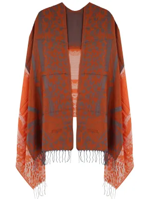 Vibrant Orange Chain & Animal Shawl Wrap