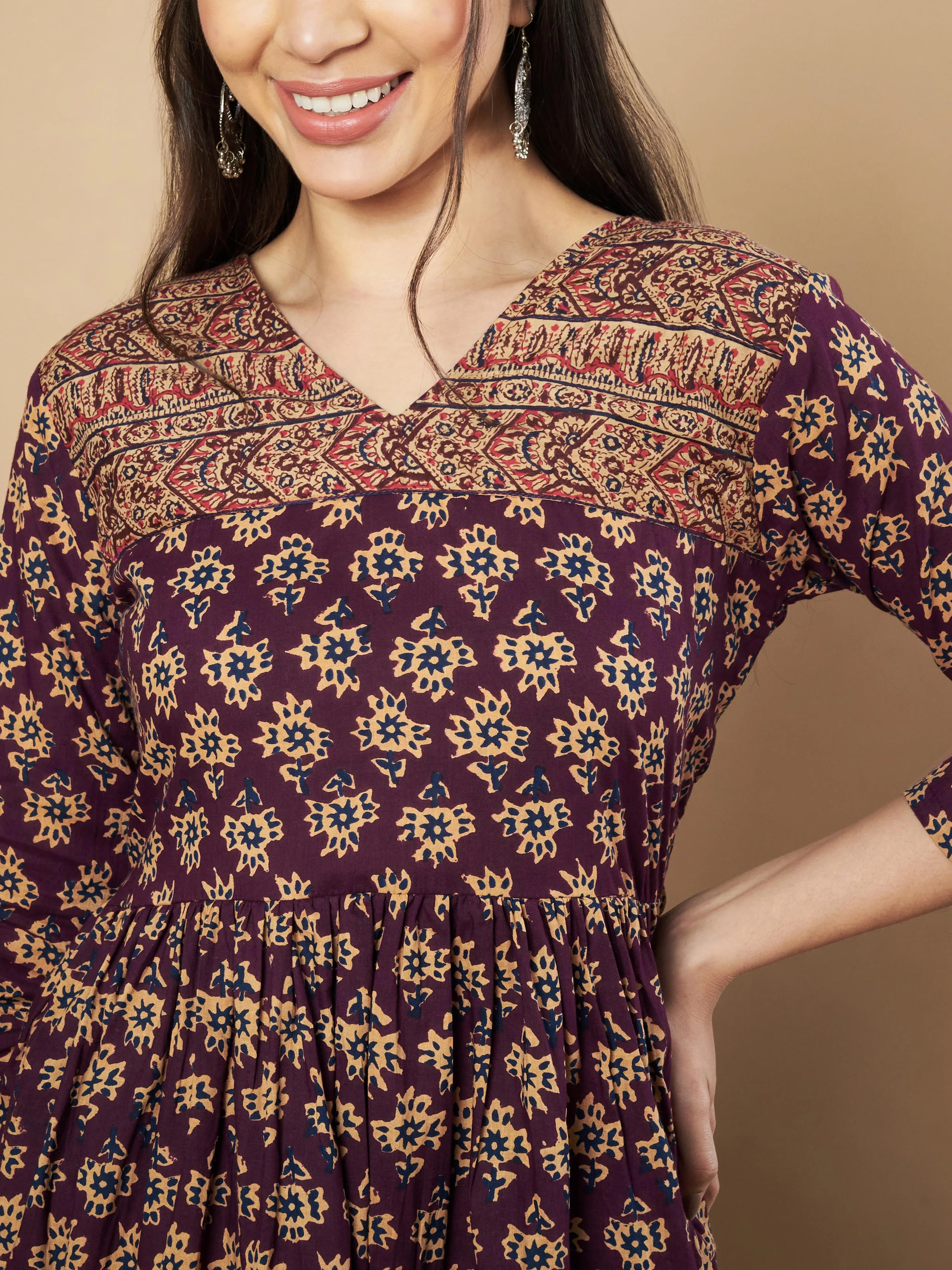 Wine Color Floral Printed Flared Cotton Tunic