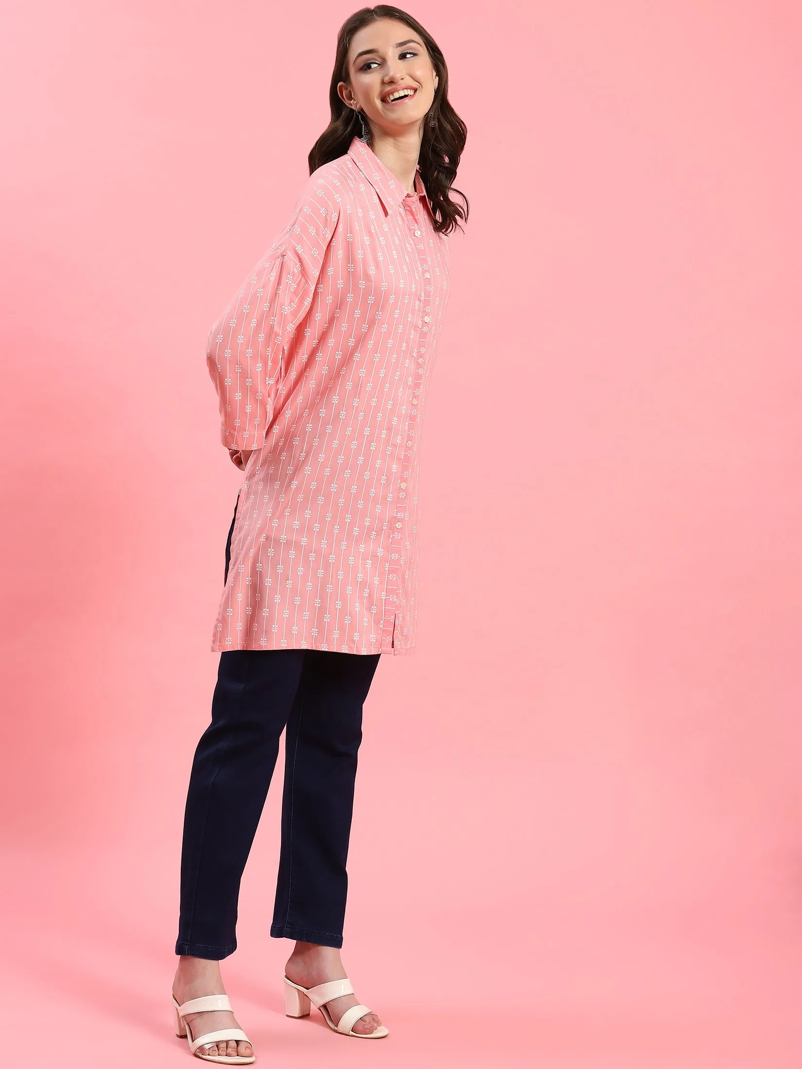 Women Pink Boxy Fit Printed Tunic